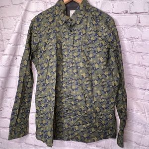 7 DIAMONDS Mens Button Front Long Sleeve Shirt Digital Camo Green Size Large